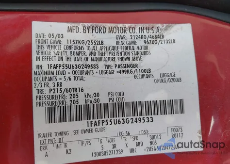 2003 Ford Taurus Ses z USA, uszkodzony, nr VIN 1FAFP55U63G249533